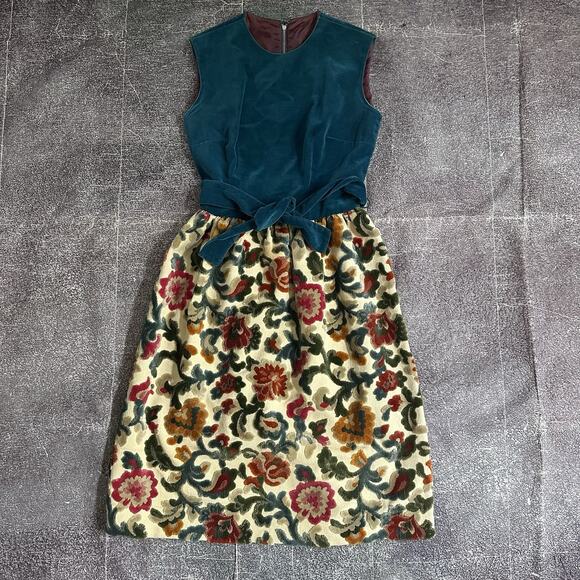 Women's Vintage 60s Velvet Elizabethan Crewel Embroidered Floral Sheath Dress S - Picture 1 of 8